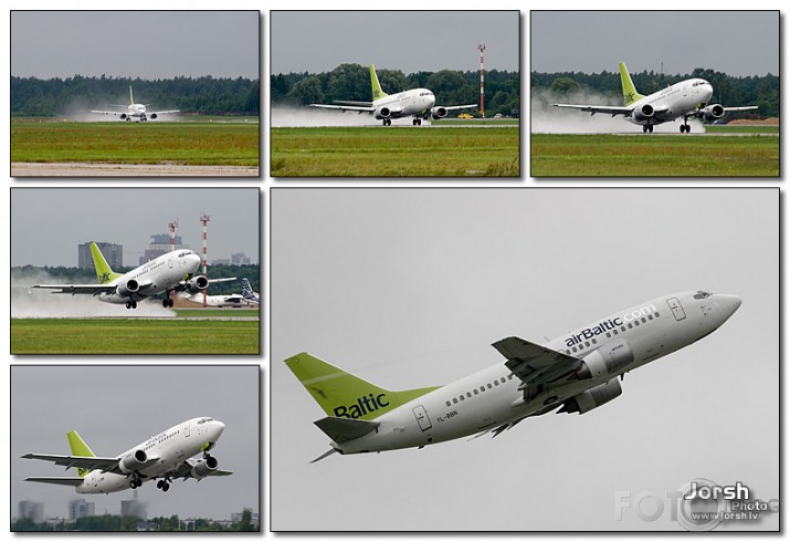 Air Baltic Boeing 737-522 pacelšanās lietainā dienā