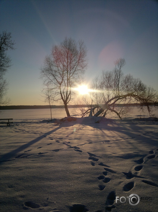 Ziemas saule un upe sniegā