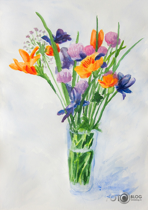 Akvarelis - klusā daba ar puķēm