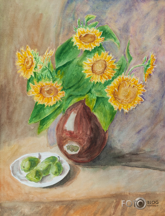 Akvarelis - klusā daba ar saulespuķēm